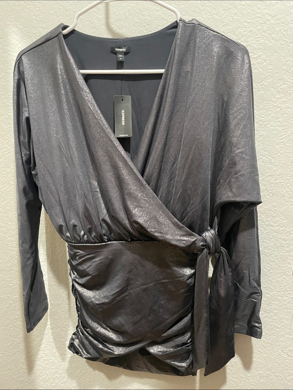 Express Shimmery Charcoal Wrap Blouse Dress